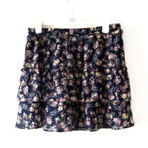 Allegra K Navy Blue Fully-Lined Floral Mini Skirt with Ruffle Hem